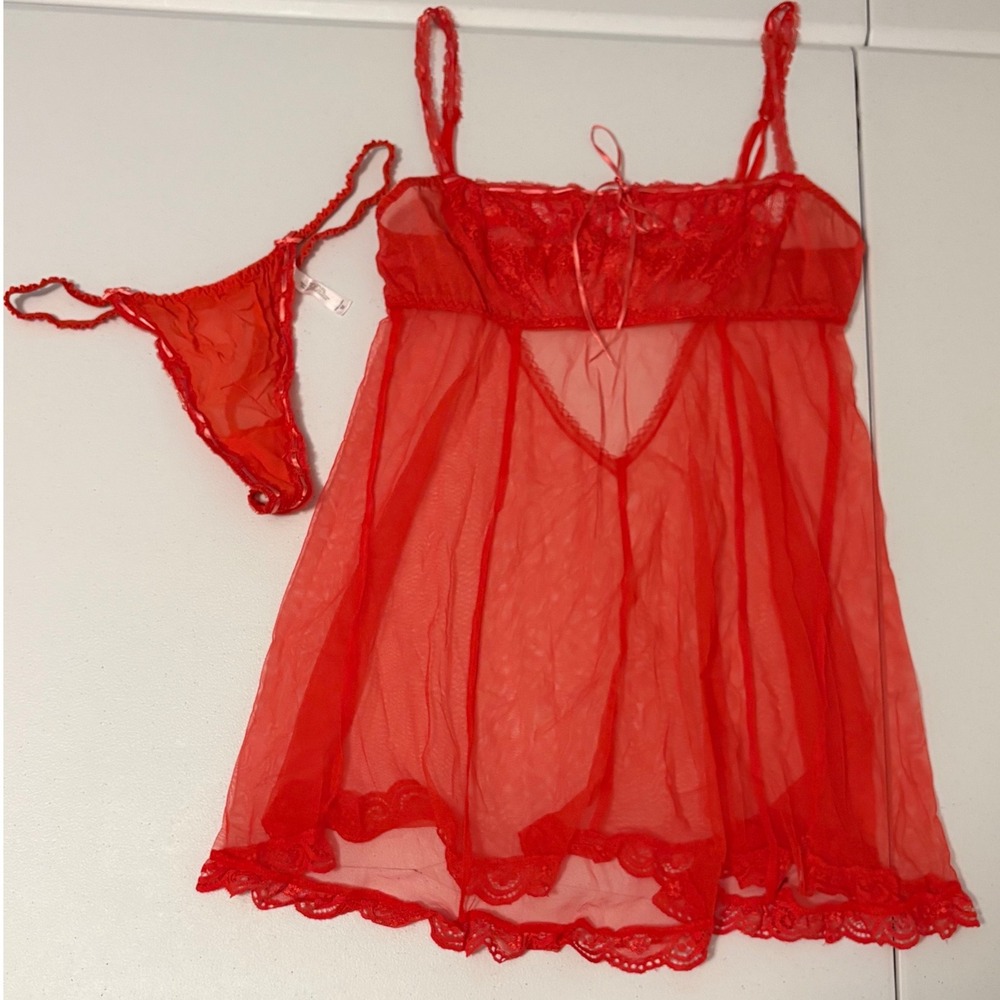 Victoria Secret Red Lace Sheer Mesh Babydoll Lingerie Set G-String Medium g5